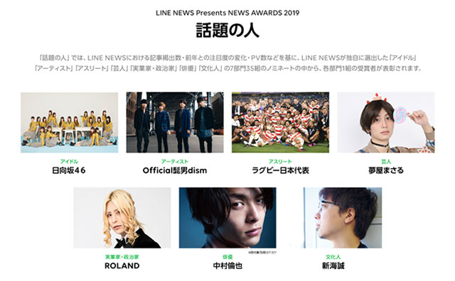 LINE NEWSが選ぶ、令和元年を彩った話題の人を発表！LINE NEWS Presents「NEWS AWARDS 2019」を開催の画像1